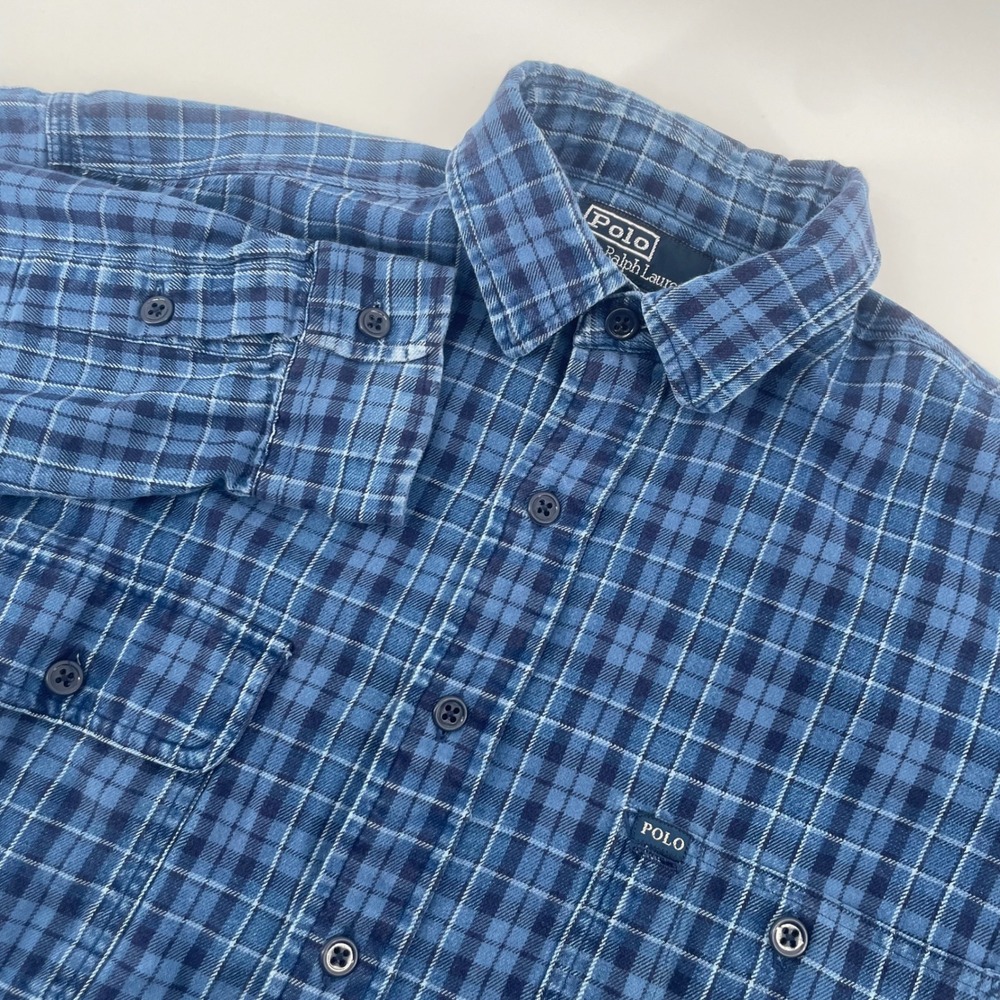 Polo Ralph Lauren Workshirt Mens M Blue Plaid Dungaree Cotton Long Sleeve Button